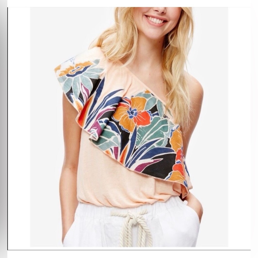 NWT Free People Annika Peach Floral Tropical Bohemian One Shoulder Top Size S